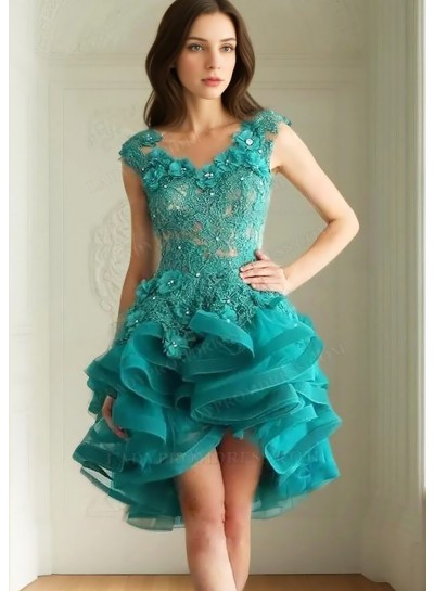 Turquoise Short Mini Mesh Cocktail Party Dresses with Applique Ruffle