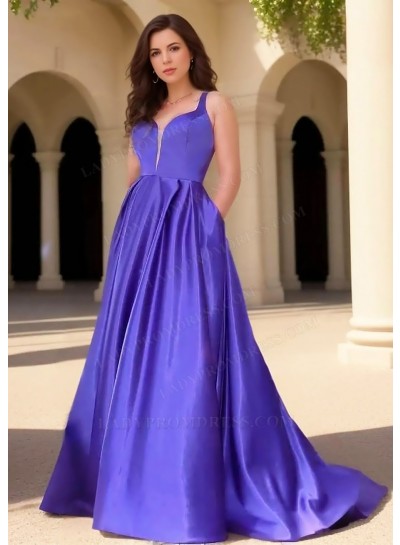 Purple Satin Sleeveless Ball Gown Prom Dresses with Back Bow