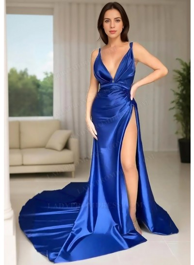 Royal Blue V-neck Satin High Slit Sleeveless Prom Dresses