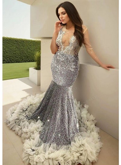 Silver V-neck Glitter Tulle Sequins Formal Prom Dresses with Beaded