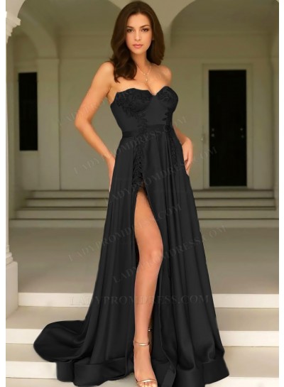 Black Strapless Satin High Split Prom Dresses with Appliques