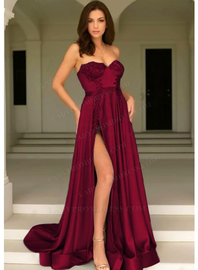 Burgundy Strapless Satin High Split Prom Dresses with Appliques