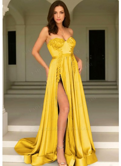 Daffodil Strapless Satin High Split Prom Dresses with Appliques