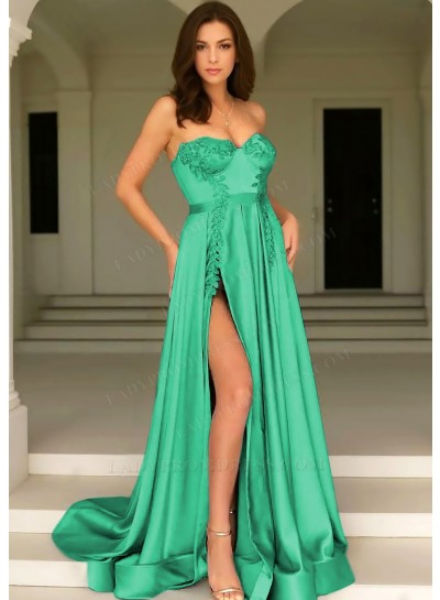 Emerald Strapless Satin High Split Prom Dresses with Appliques