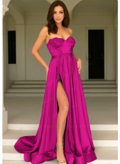 Fuchsia Strapless Satin High Split Prom Dresses with Appliques