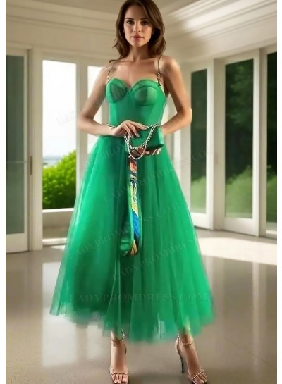 Green Tulle Tea-Length Spaghetti Straps Prom Dresses