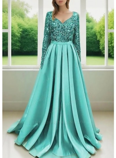 Aqua Long Sleeves Ball Gown Satin Prom Dresses with Sequined