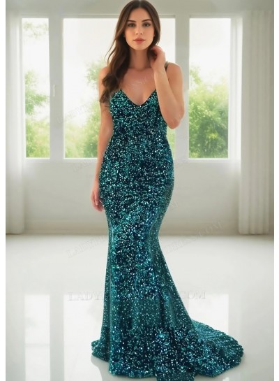 Teal Mermaid Sequins Deep V Open Back Design Evening Prom Dresses