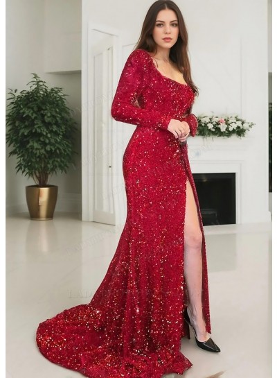 Red Long Sleeves Square Neck Glitter Sequins High Slit Sheath Prom Dresses