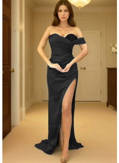 Black One Shoulder Prom Dress with Ruched Side Split