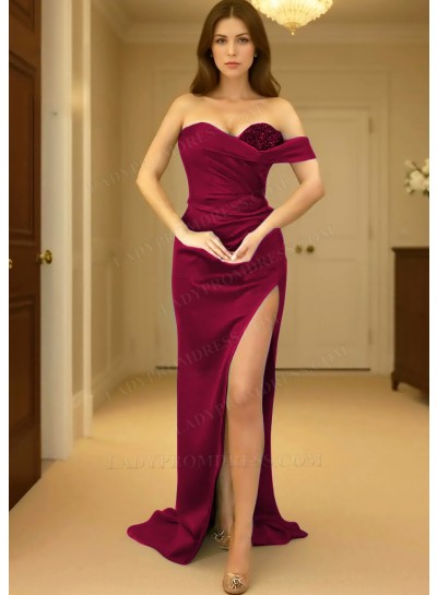 Burgundy One Shoulder Prom Dress with Ruched Side Split