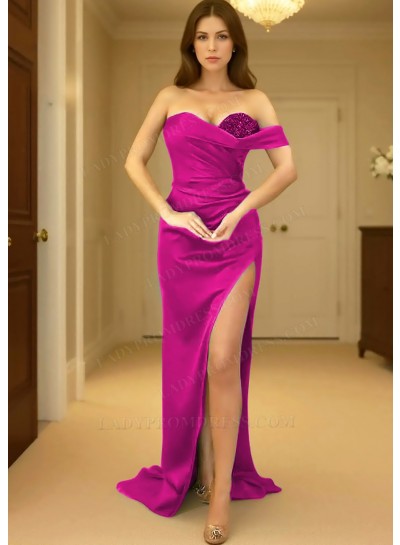Fuchsia One Shoulder Prom Dress with Ruched Side Split