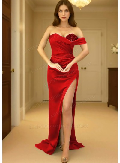 Red One Shoulder Prom Dress with Ruched Side Split