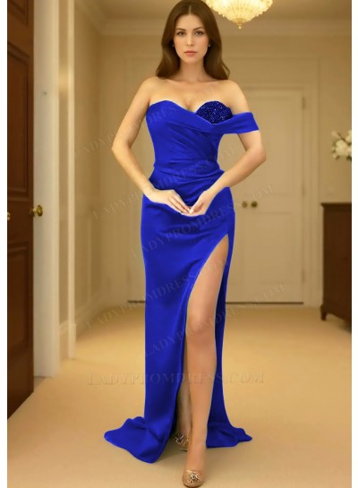 Royal Blue One Shoulder Prom Dress with Ruched Side Split