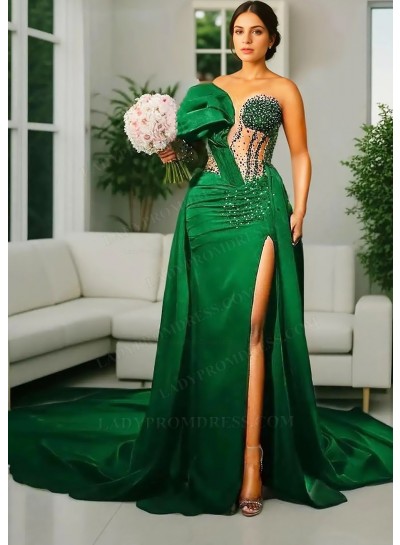 Emerald Green Satin One Shoulder High Slit Sheath Prom Dresses