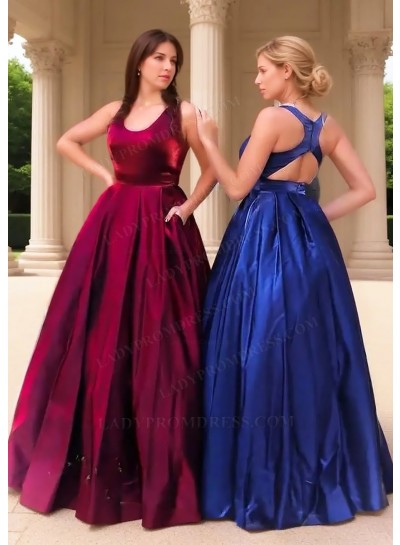 Burgundy Satin A-Line Ball Gown V-Neck Sleeveless Floor Length Dresses