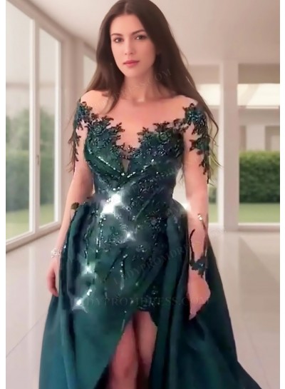 Dark Green Lace Appliques Off-Shoulder High Slit Long Sleeves Prom Dresses