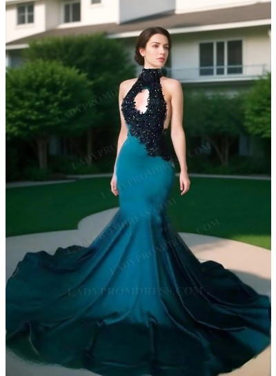 Teal Hollow High Neck Mermaid Prom Dresses with Appliques