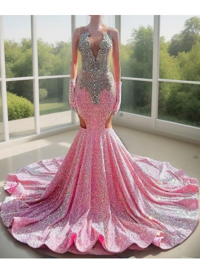 Pink V-neck Mermaid Sleeveless Sparkling Sequins Prom Dresses with Beaded