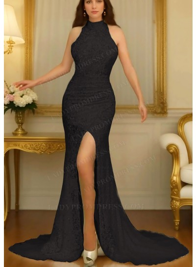 Black High Neck Sleeveless Side Split Prom Dresses