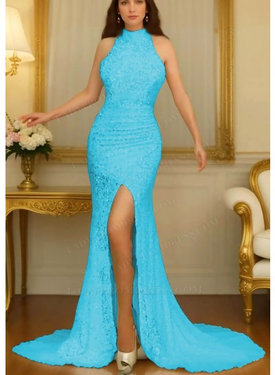 Blue High Neck Sleeveless Side Split Prom Dresses