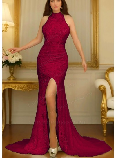 Burgundy High Neck Sleeveless Side Split Prom Dresses