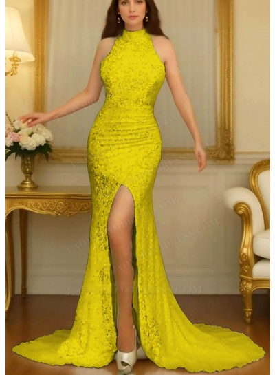 Daffodil High Neck Sleeveless Side Split Prom Dresses