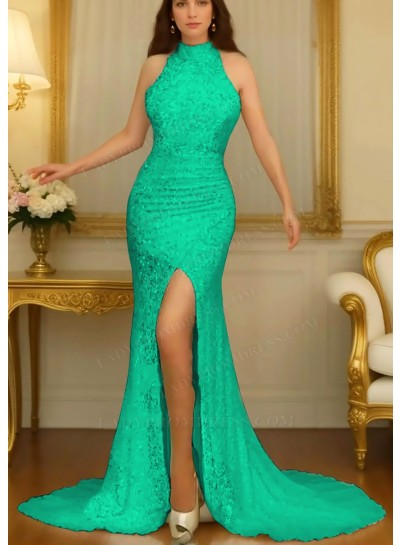 Emerald High Neck Sleeveless Side Split Prom Dresses
