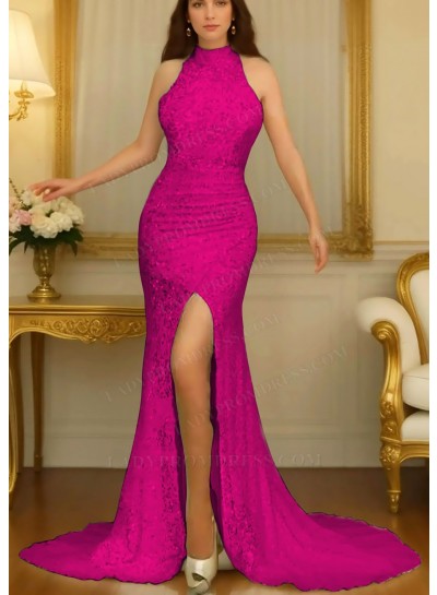Fuchsia High Neck Sleeveless Side Split Prom Dresses