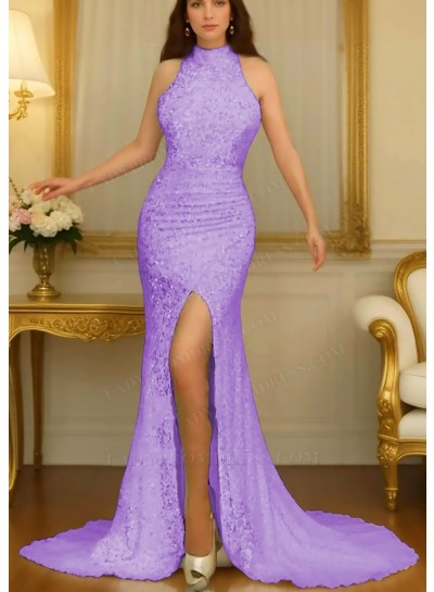 Lilac High Neck Sleeveless Side Split Prom Dresses