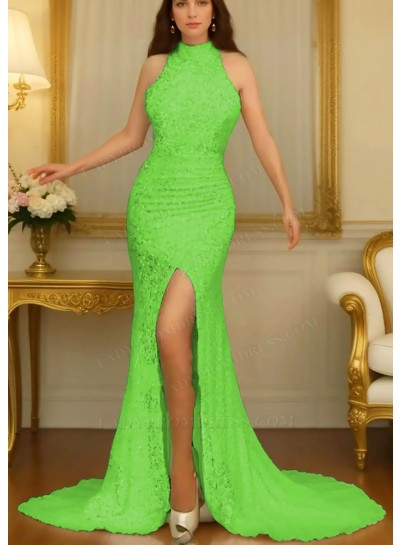 Lime Green High Neck Sleeveless Side Split Prom Dresses