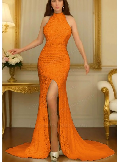 Orange High Neck Sleeveless Side Split Prom Dresses