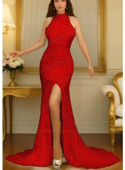 Red High Neck Sleeveless Side Split Prom Dresses