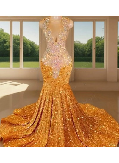 Gold V-neck Sparkling Sequins Prom Party Dresses with Beaded
