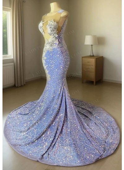 Lavender Glitter Sequins Cutout Waist Mermaid Prom Dresses
