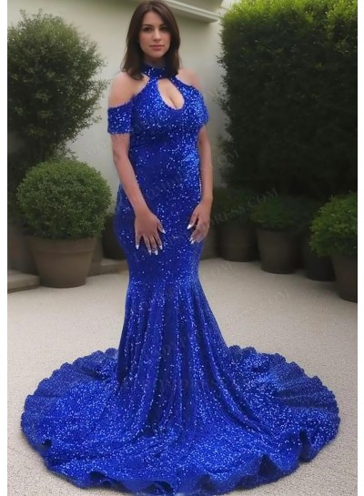 Royal Blue Off-Shoulder Short Sleeves Mermaid Prom Dresses