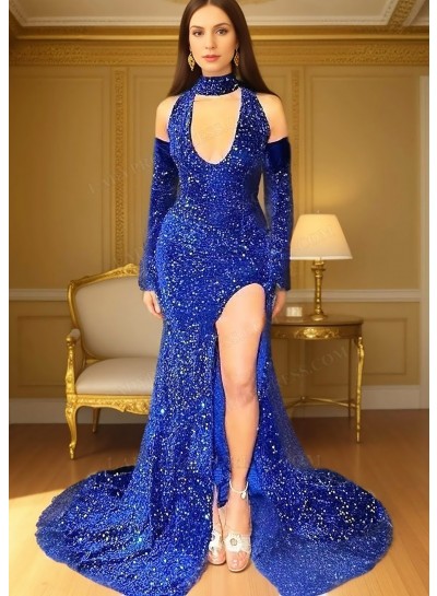 Royal Blue Halter High Slit Mermaid Prom Dresses
