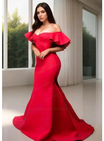 Red Off Shoulder Satin Mermaid Prom Dresses with Ruffle Back
