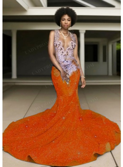 Orange Plunging Neck Sparkling Sequins Formal Prom Dresses