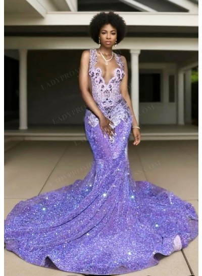 Lavender Plunging Neck Sparkling Sequins Formal Prom Dresses