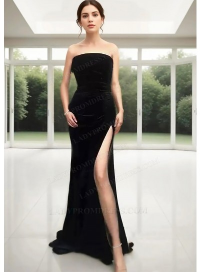 Black Strapless Satin Long Slit Prom Dresses