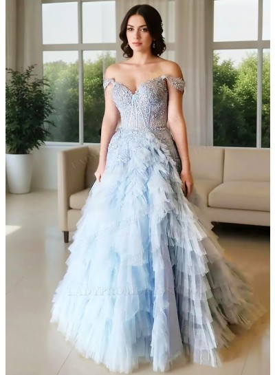 Light Sky Blue Off Shoulder Tulle Ruffled Multi-layered Ball Gown Prom Dresses