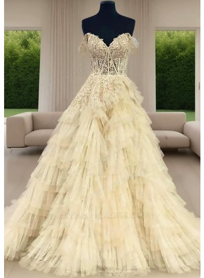 Light Yellow Tulle Ball Gown Off Shoulder Lace Bodice Tiered Ruffle Prom Dresses