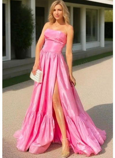 Pink Strapless A-line Taffeta High Slit Prom Dresses