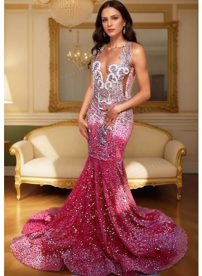 Pink Sequins V Neck Mermaid Prom Dress With Beaded Fringes
