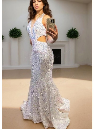White Halter Cutout Sequin Long Prom Dresses