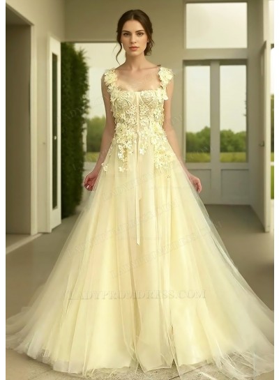 Light Yellow A-line Floral Appliques Tulle Long Evening Prom Dresses