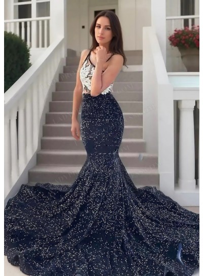Black One Shoulder Glitter Sequins Sleeveless Prom Dresses with Ruffles