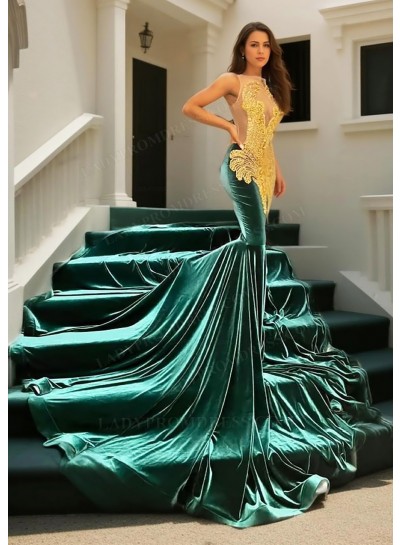 Hunter Green Velvet Mermaid Sleeveless Long Train Prom Dresses with Gold Appliques