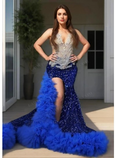 Royal Blue Sequins Ruffled Mermaid Prom Dresses with Beaded